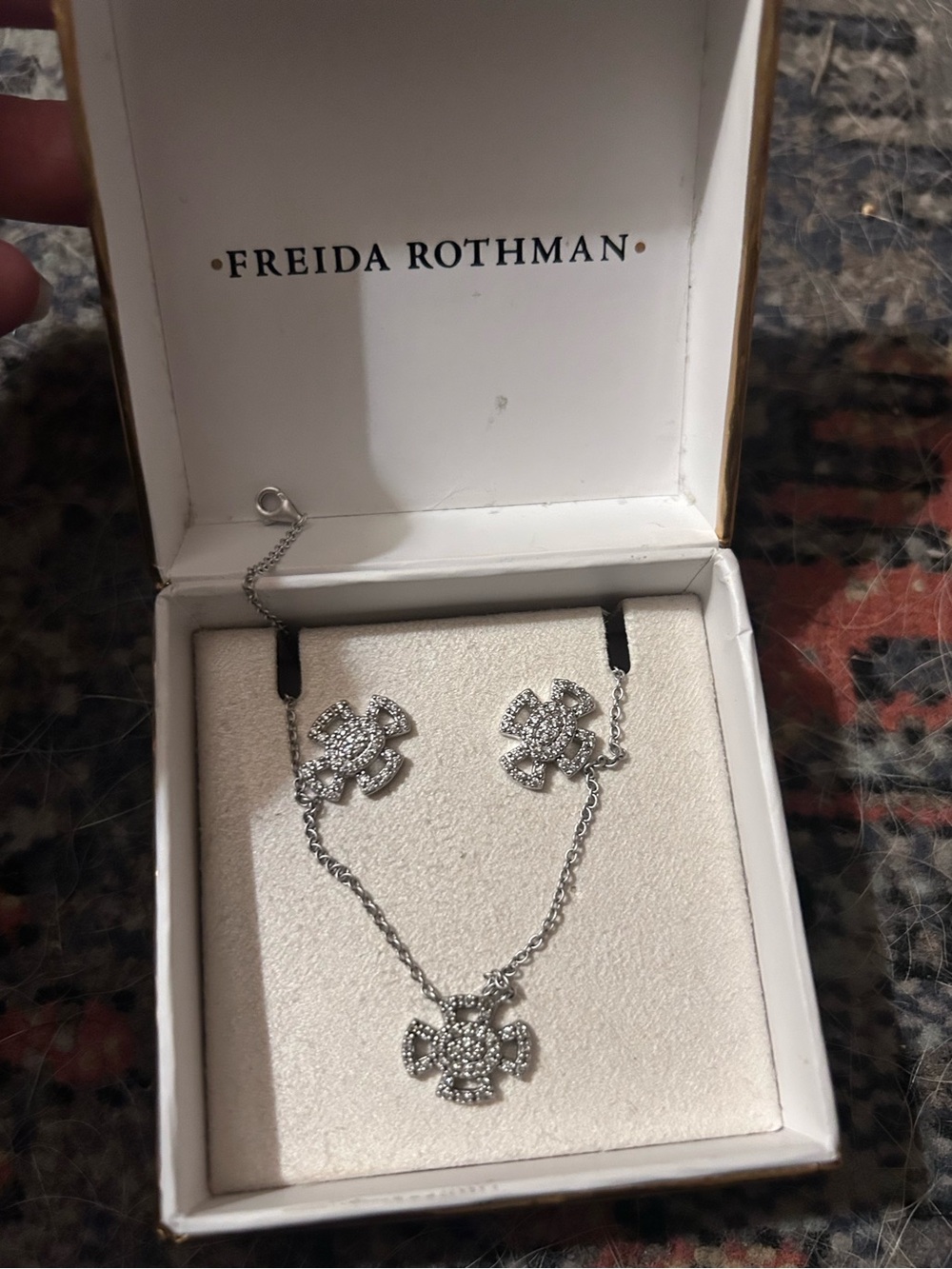 Freida Rothman silver Crystal Clover Necklace and Earrings Set - Silver